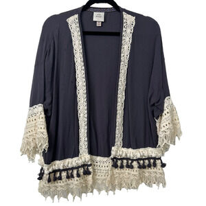 Knox Rose Womens Sz XS Open-Front Cardigan Embroidered Crochet Trim Fringe A16